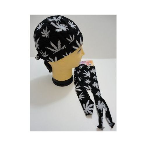 144 Pieces Skull CaP-Black With White Marijuana Leaves - Bandanas