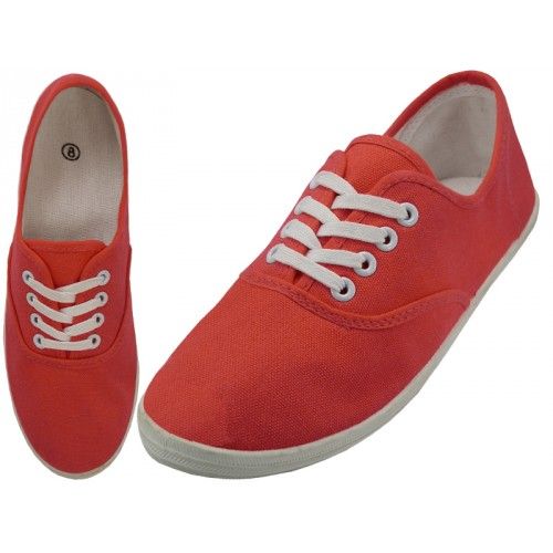 24 Pairs of Women's Lace Up Casual Canvas Shoes ( *red Coral Color )