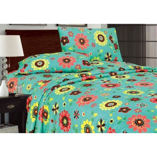12 Pieces of Printed Microfiber Sheet Set Full Size In Turquoise Flowers