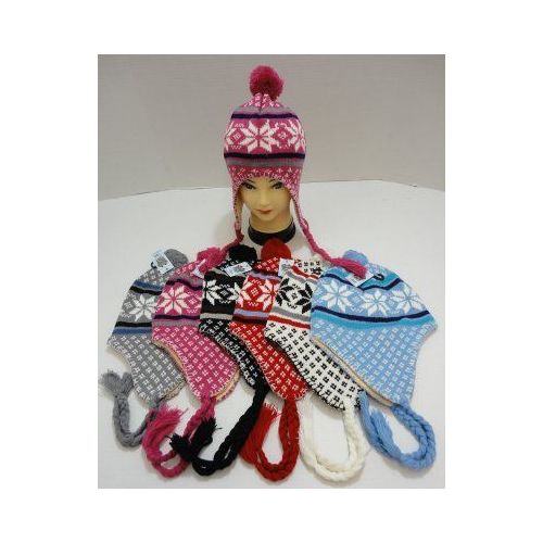 72 Pieces of Knit Cap With Ear Flap And PompoM-Snowflakes