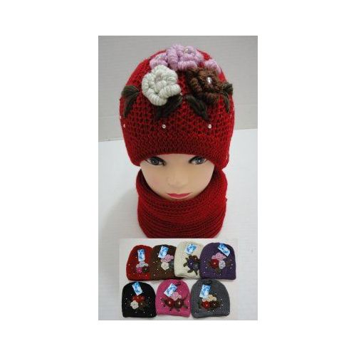 72 Pieces Hand Knitted Fashion Hat & Scarf SeT--5 Flowers And Rhinestones - Winter Sets Scarves , Hats & Gloves