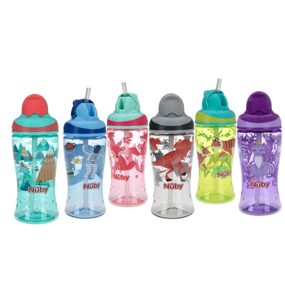 24 pieces Nuby Thirsty KidsnO-Spill Boost Printed Cup With Thin FliP-It  Straw (pp), 12 Oz, 2pk - Assorted Designs - Baby Accessories - at 