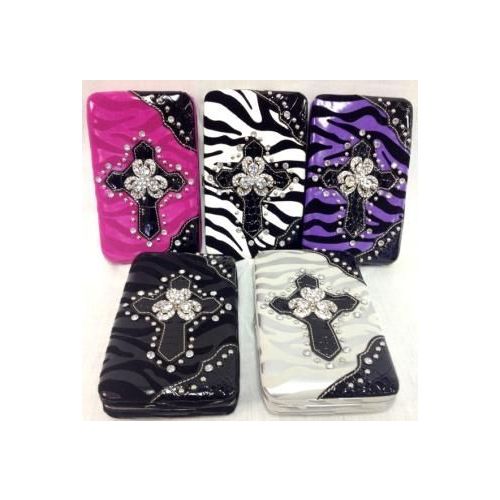 12 Pieces of Rhinestone Cross Western Wallets With Flower Center