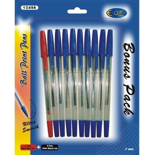 48 Wholesale Bonus 10 Pk Ball Point Pen - ( 9 Blue + 1 Red)