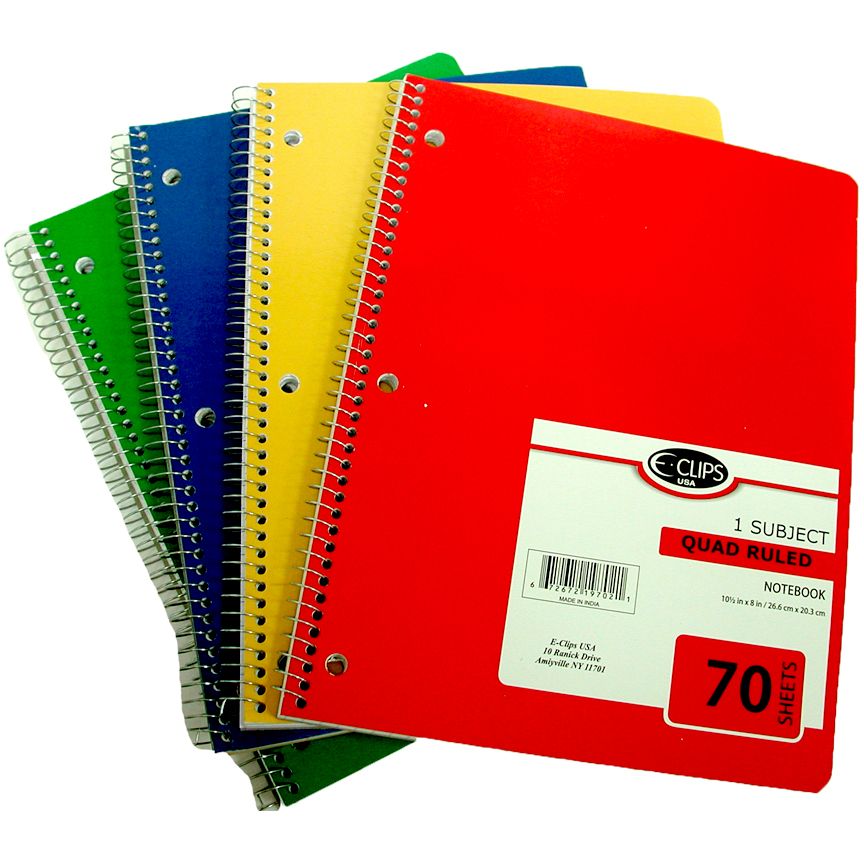 48 Wholesale 1 Subject Notebook, 70 Sheets, Quad Ruled, Asst. Colors