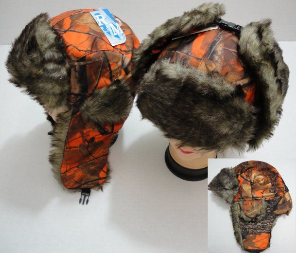 24 Wholesale Aviator Hat With Fur Trim, Orange Camo
