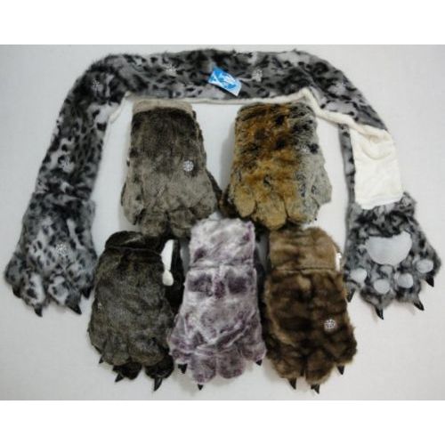 12 Pairs of Faux Fur Animal Scarf With Paw Gloves