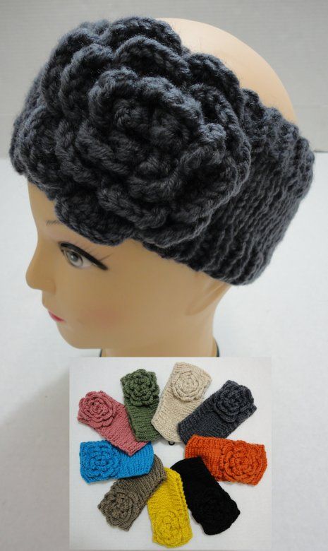 48 Wholesale Hand Knitted Ear Band [solid Color Loop W Flower