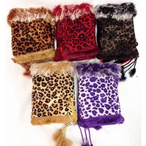 12 Wholesale Fingerless Faux Fur Suede Leopard Texting Gloves
