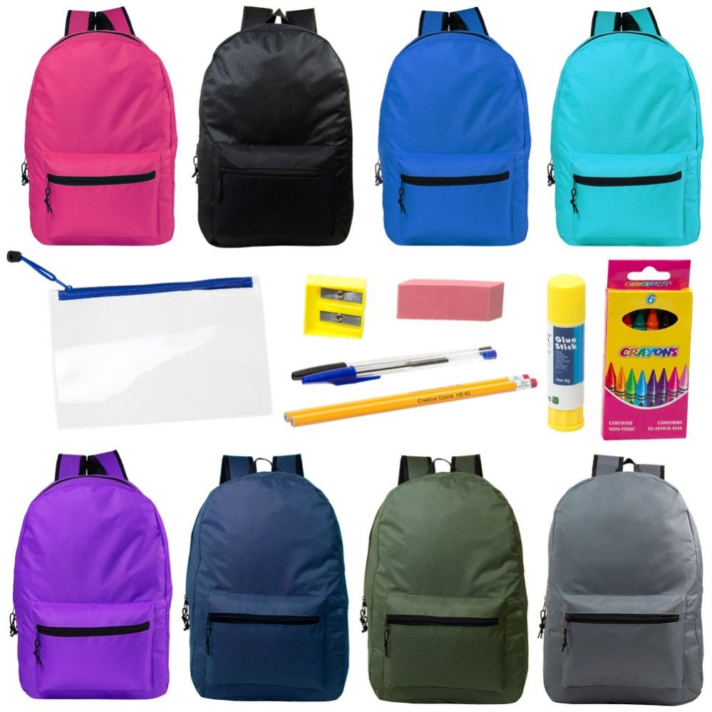 24 Sets of 17" Backpacks With 12 Piece School Supply Kit - In 8 Assorted Color