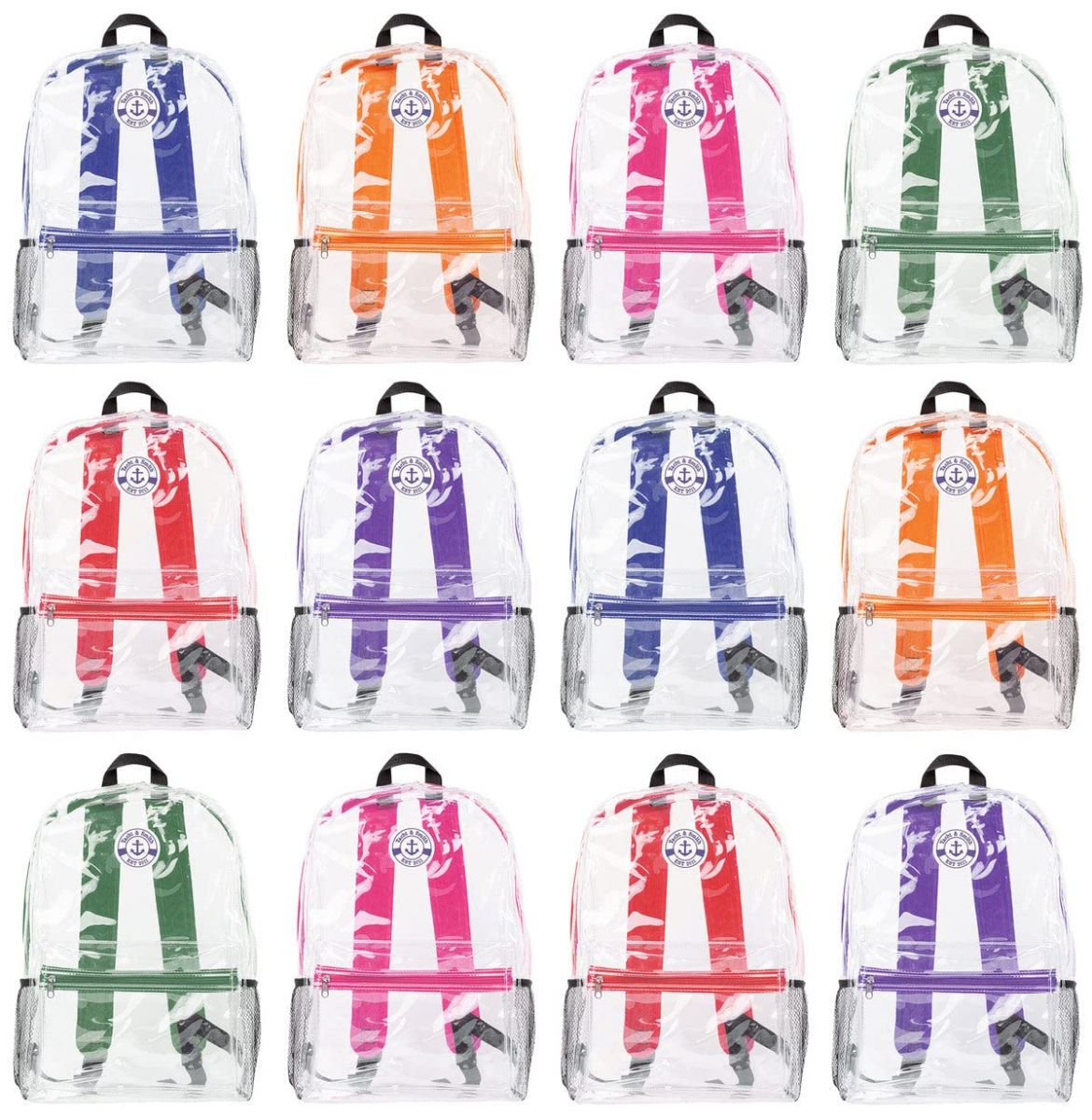 48 Wholesale 17 Inch Backpacks For Kids Clear With Assorted Color Trim 48 Pack