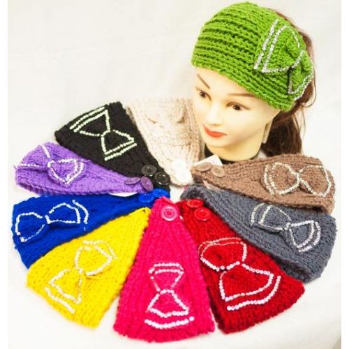 36 Wholesale Knit Flower Headband Simple Design Rhinestone Bowtie