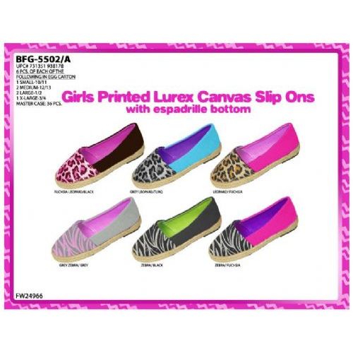 36 Pairs of Girls Printed Lurex Canvas Slip Ons With Espadrille Bottom