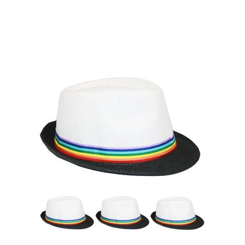 24 Wholesale White Trilby Fedora Straw Hat With Rainbow Strip Band