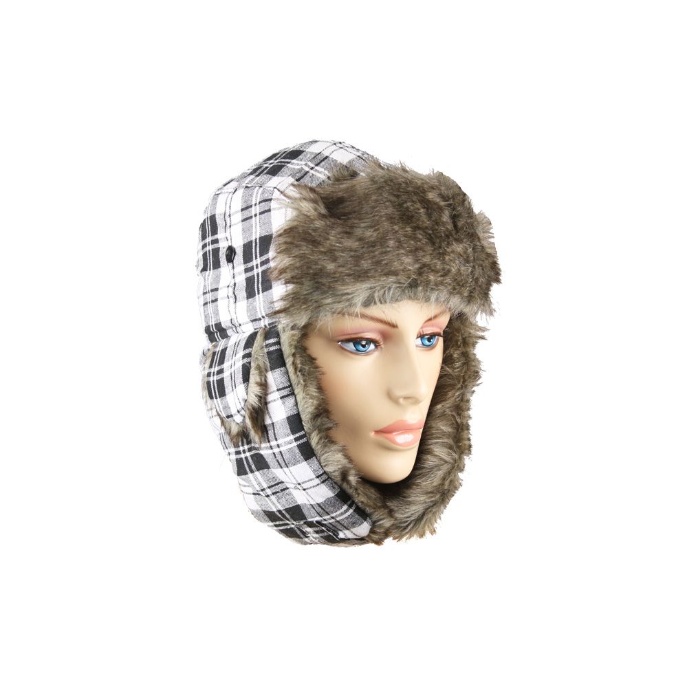 24 Wholesale White Plaid Winter Pilot Hat With Faux Fur Lining And Strap