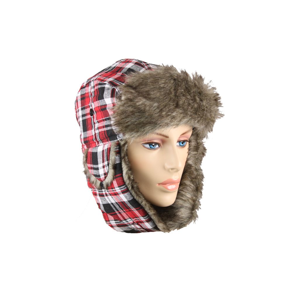 12 Pieces of Red Plaid Winter Pilot Hat With Faux Fur Lining And Strap