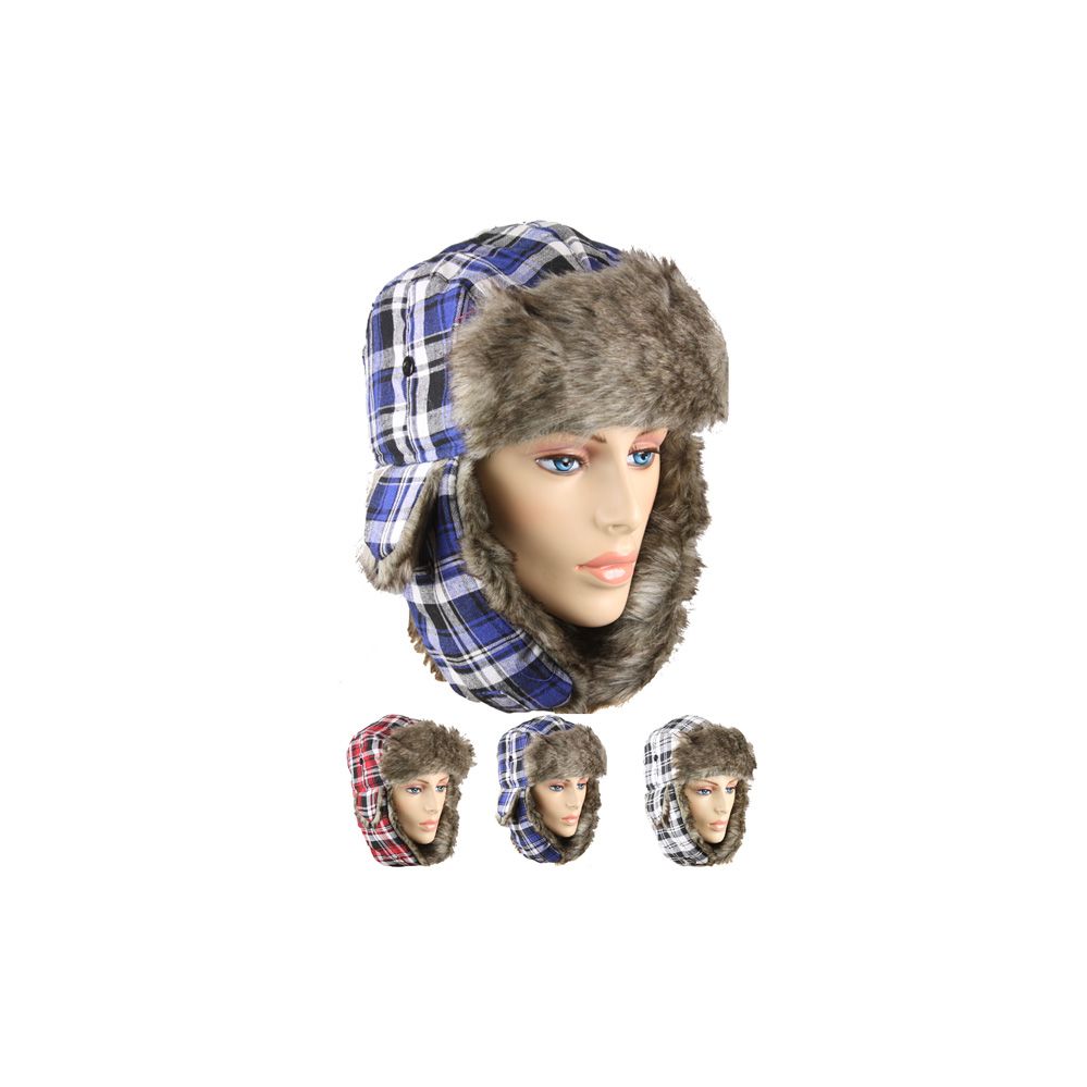 48 Pieces of Assorted Plaid Winter Pilot Hat With Faux Fur Lining And Strap