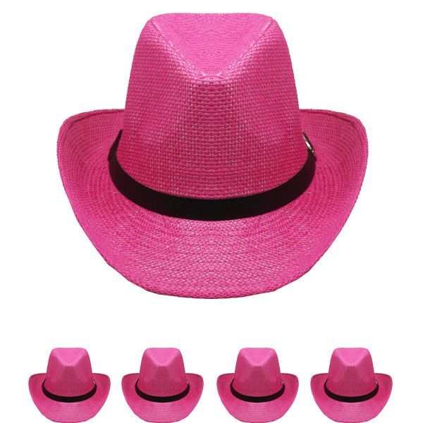 12 Wholesale Pink Color Paper Straw Cowboy Hat at