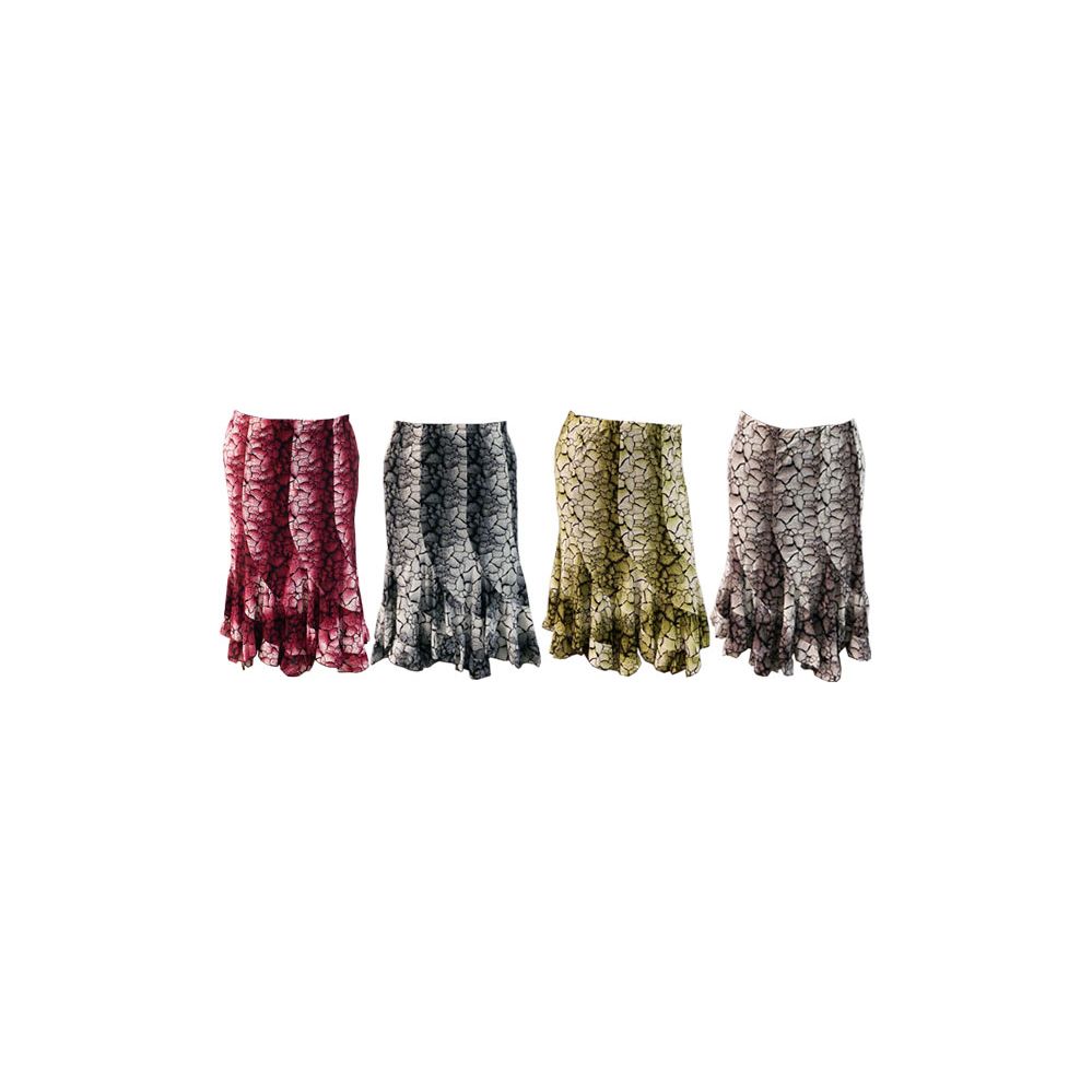 24 Wholesale Long Skirt Ruffle Bottom Crackle Print Assorted Colors