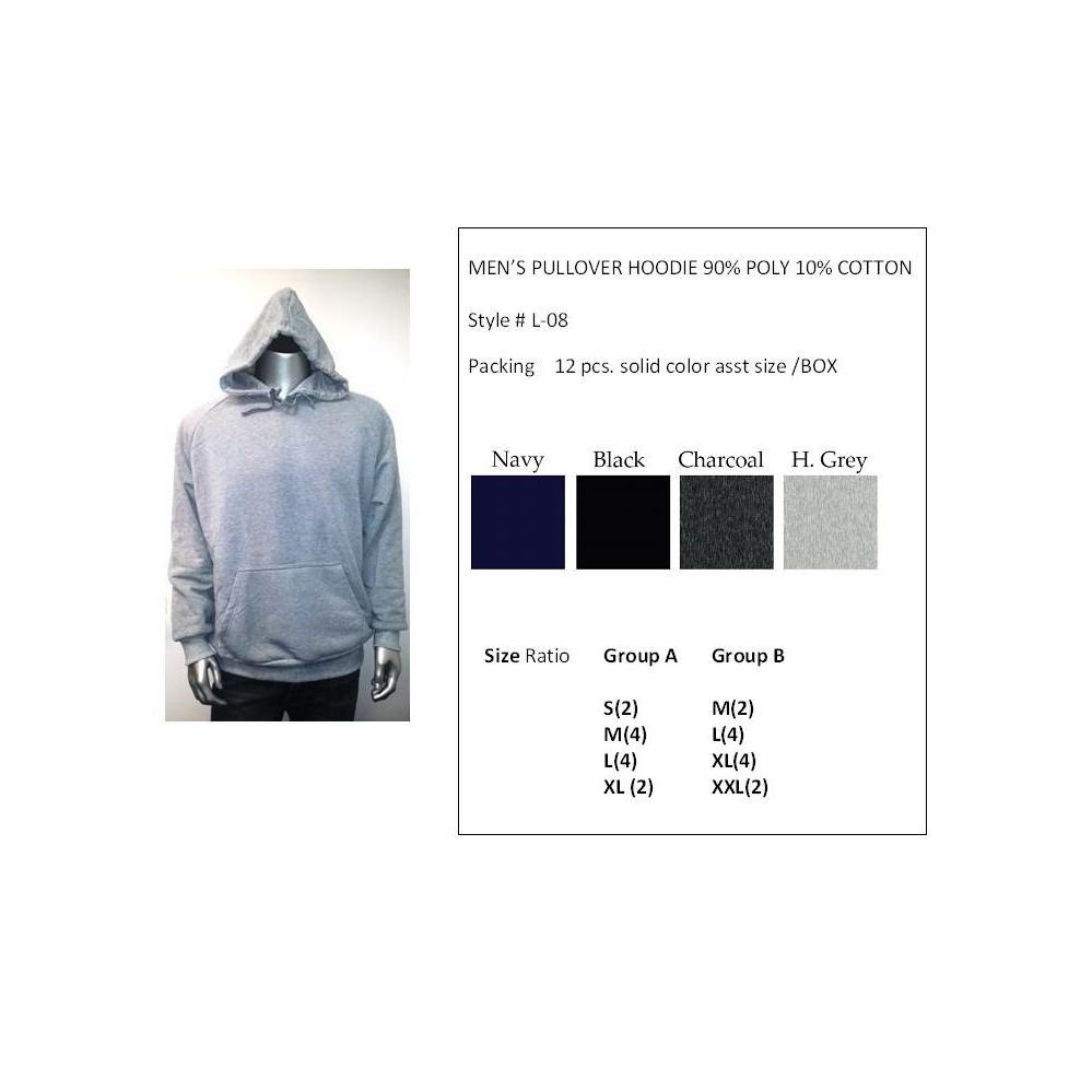 12 Wholesale Mens Pullover Hoodie 90% Poly 10% Cotton Assorted Colors