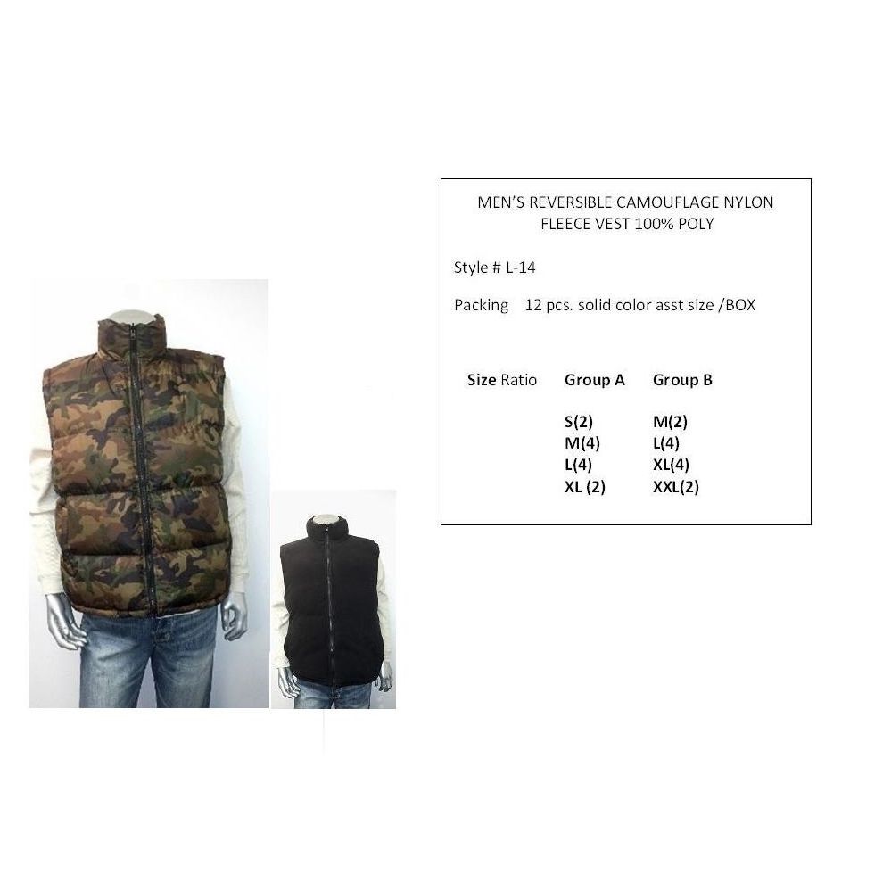12 Pieces of Mens Reversible Camouflage Nylon Fleece Vest 100% Poly