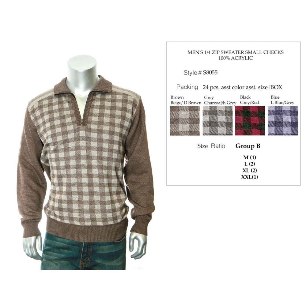 24 Wholesale Mens 1/4 Zip Sweater Small Checks 100% Acrylic