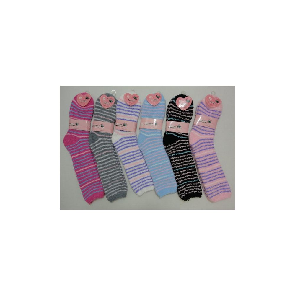 24 Wholesale Fuzzy Crew Socks 9-11 [thin Stripes]