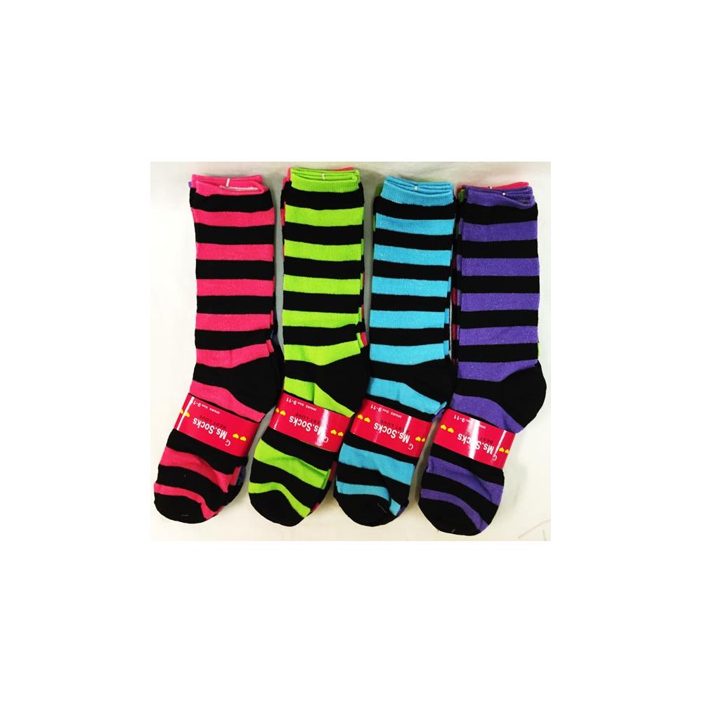 120 Pairs Lady's Girls Long Socks With Black Stripes - Womens Crew Sock