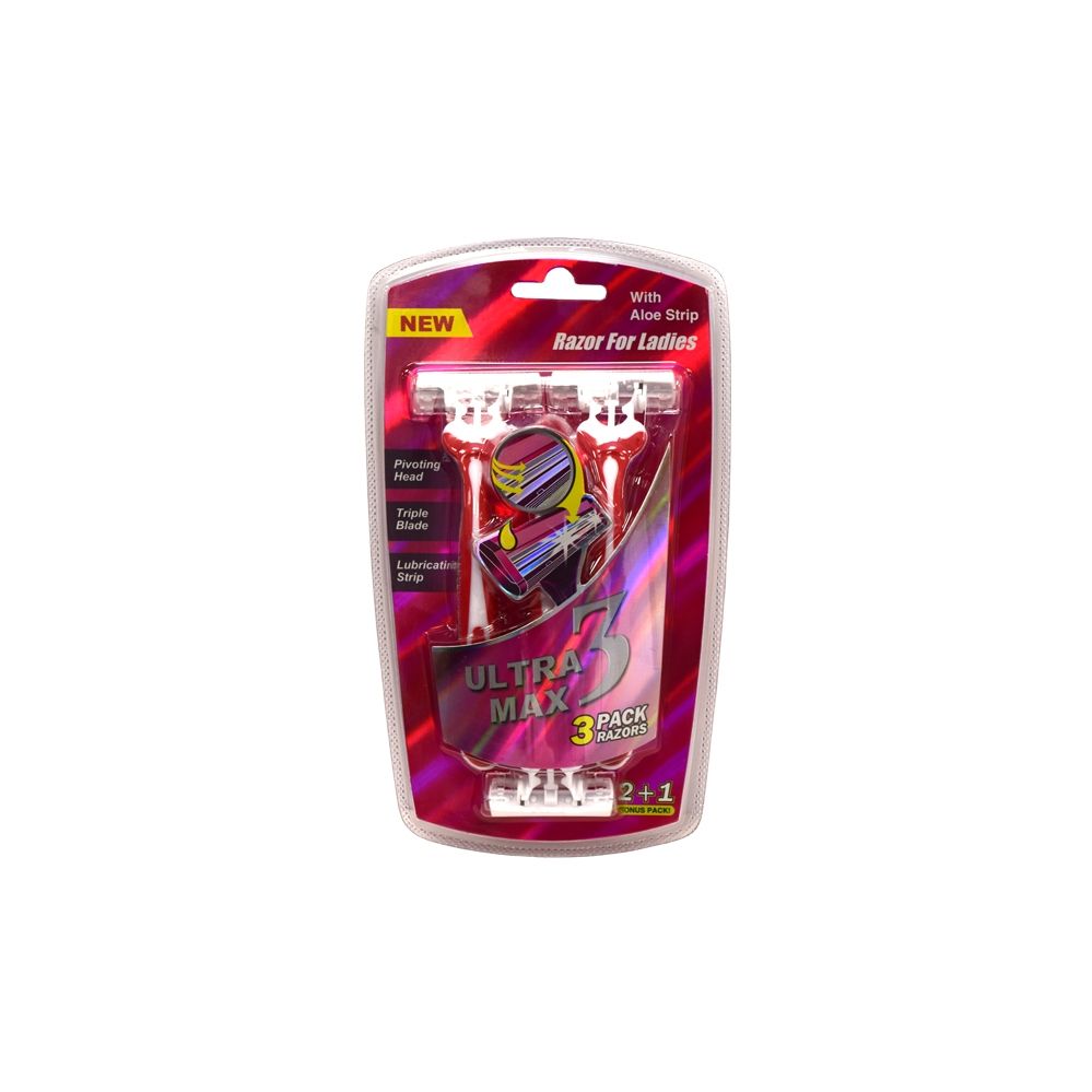 24 Wholesale Ultra Max Razor 3 Pack Pink Ladies