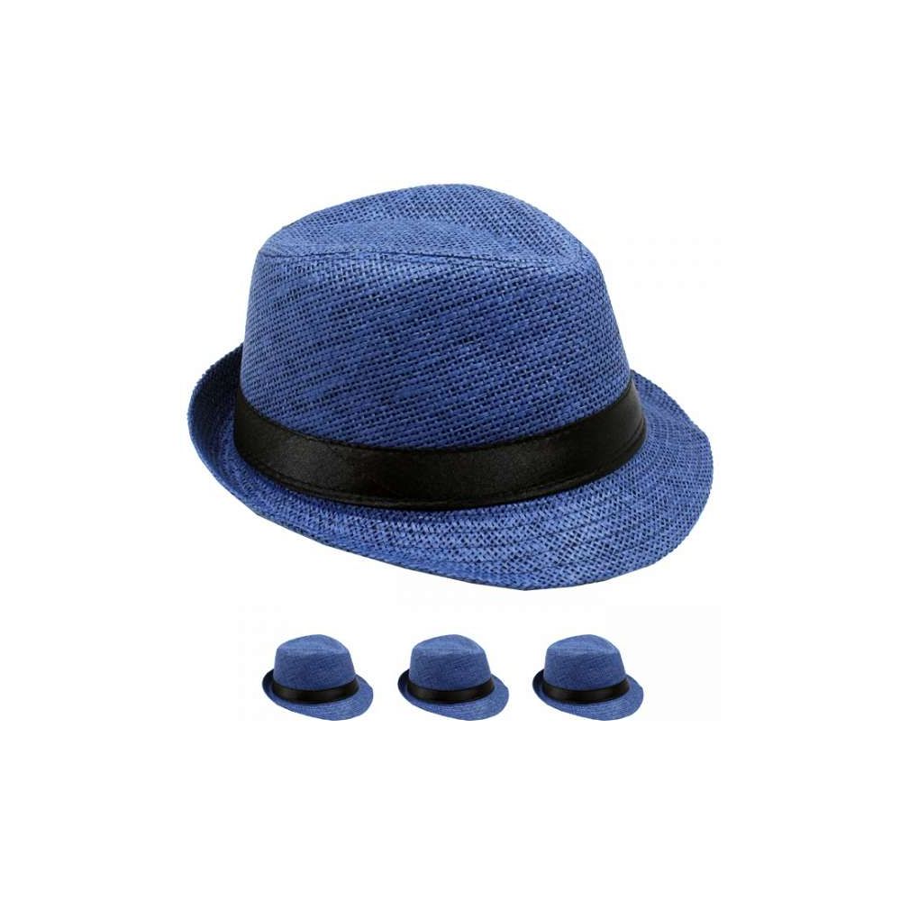 24 Wholesale Navy Blue Paper Straw Black Banded Kid Trilby Fedora Hat