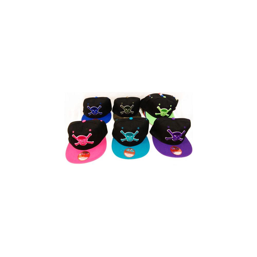 48 Pieces of Flat Bill Snapback Neon Jolly Roger Skull Hats Assorted