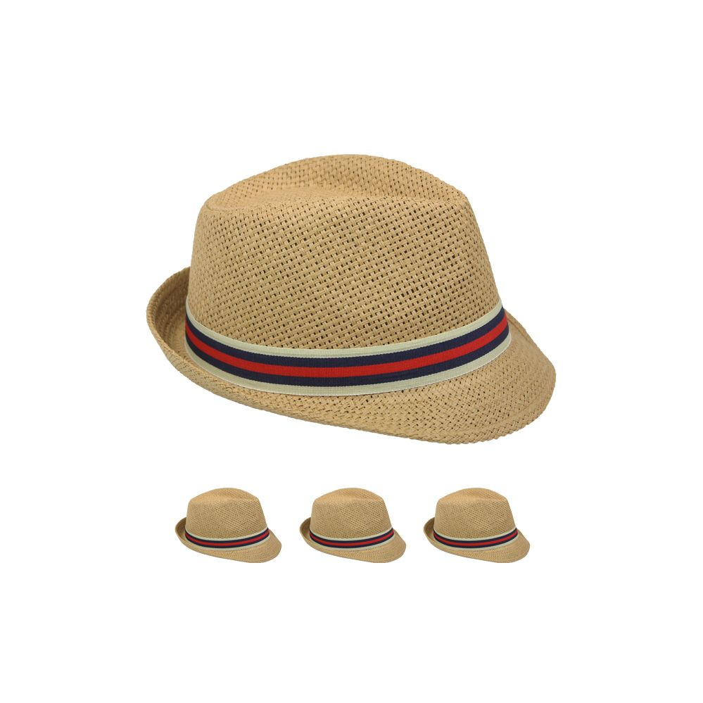 48 Wholesale Tan Color Fedora Hat With Two Color Band