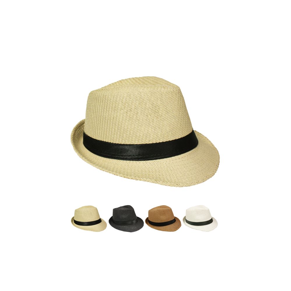 12 Pieces of Classic Straw Trilby Fedora Hat with Black Ribbon Band