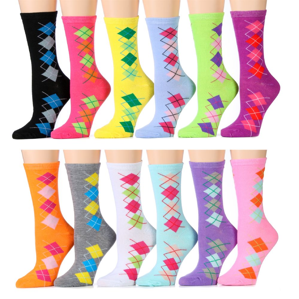 12 Wholesale Women's Argyle Crew Socks, Cotton Size 9-11