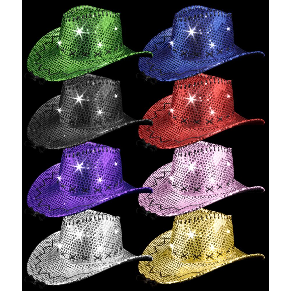 LED Sequin Cowboy Hat with Fancy Stitching Black