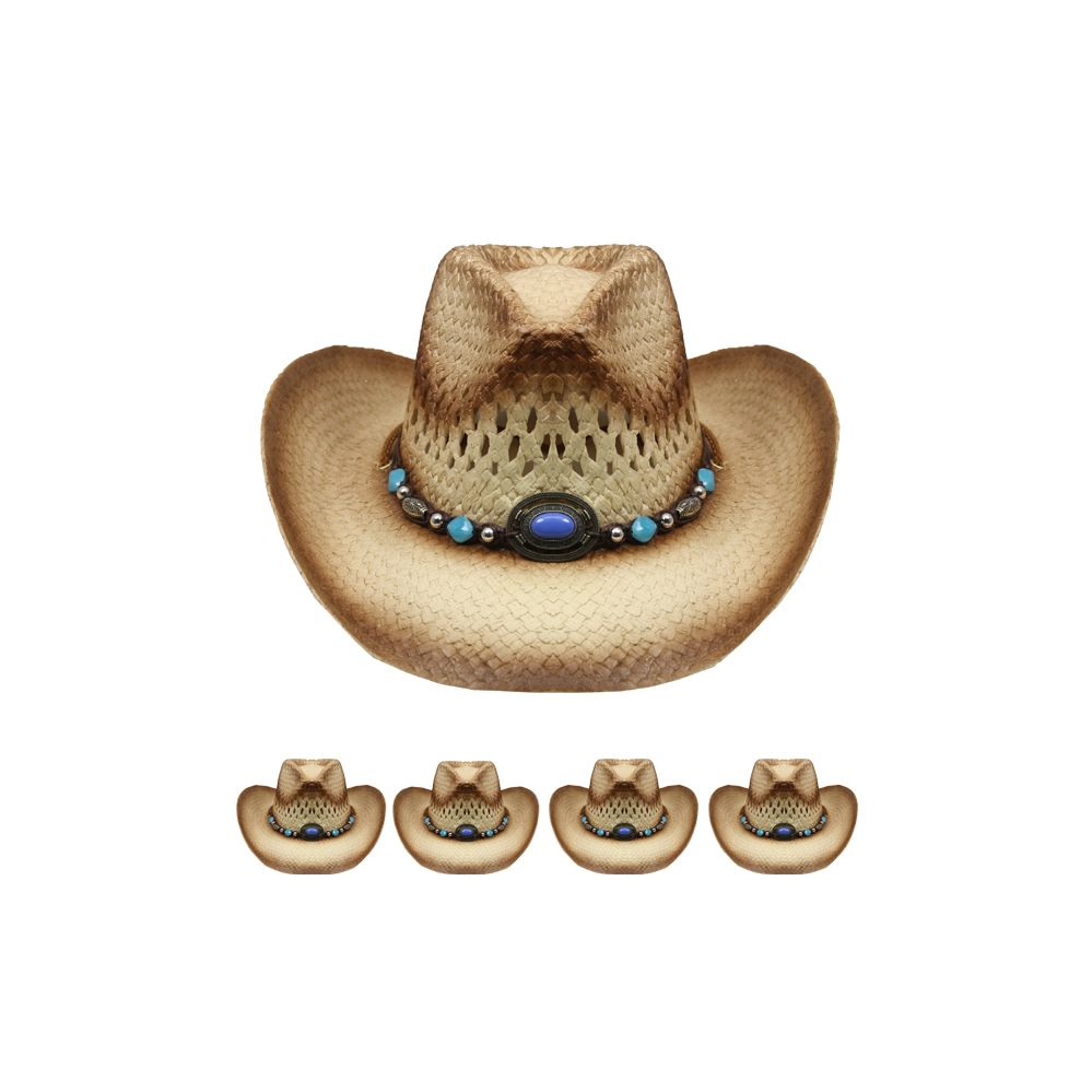 12 of Breathable Raffia Straw Brown Cowboy Hat with Beaded Band