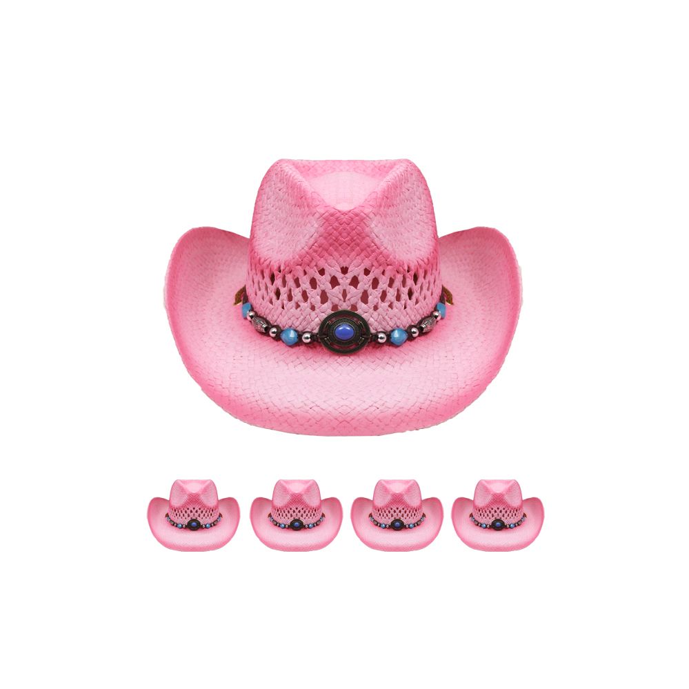12 of Breathable Raffia Straw Pink Cowboy Hat with Beaded Band