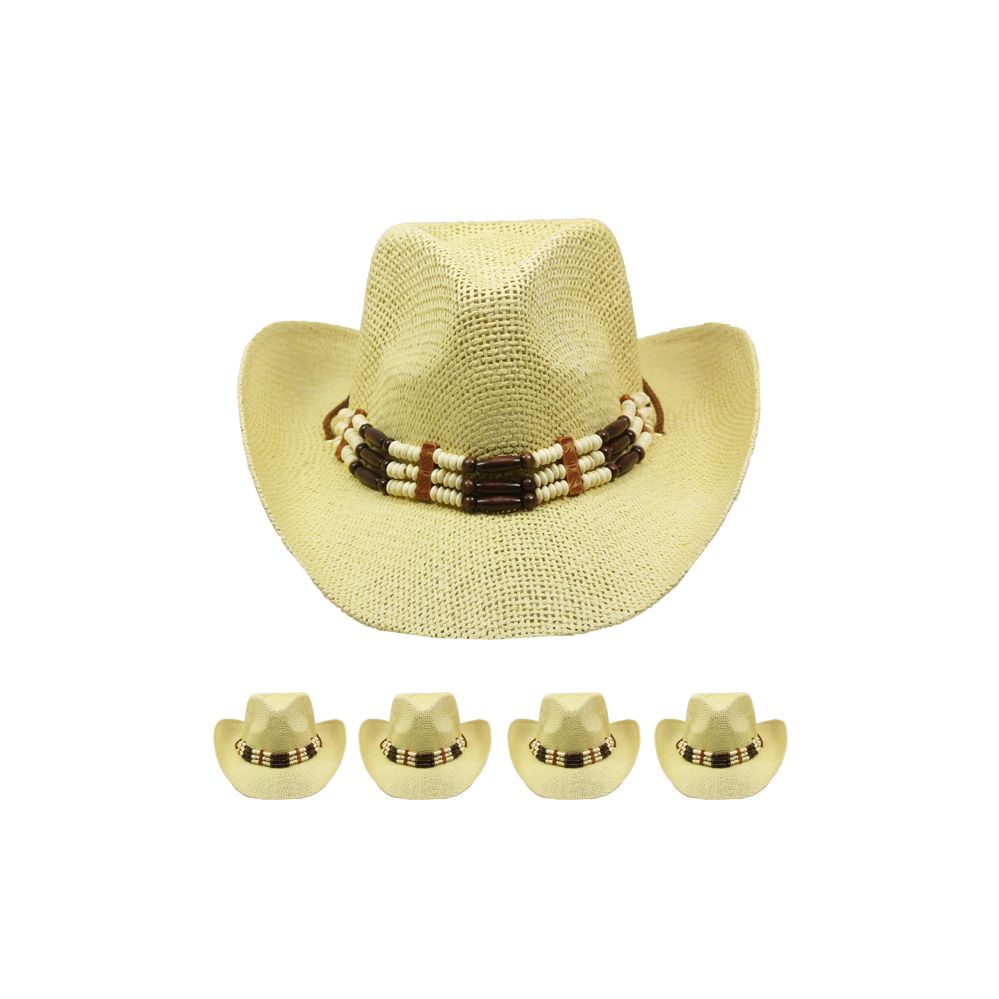12 Pieces of Paper Straw Western Beige Cowboy Hat with Beaded Band
