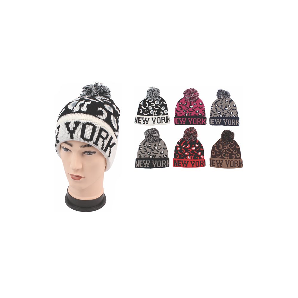 72 Pieces of Unisex Fashion Cheetah Print New York Heavy Knit Hats