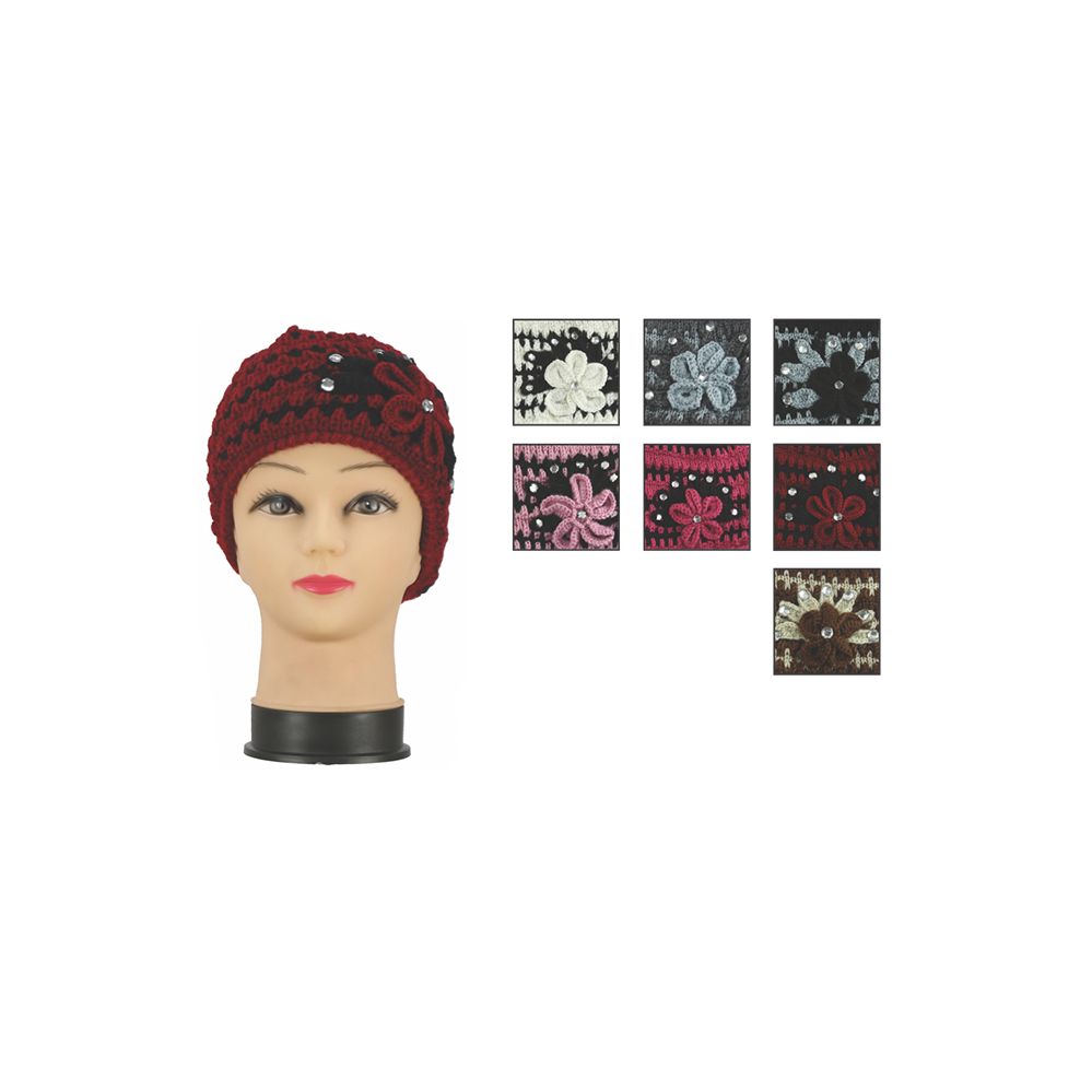 72 of Womens Heavy Knit Hats Assorted Colors With Flower And Rhinestones