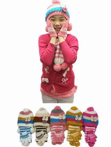 24 Sets of Girls Winter Warm 3 Piece Hat Set Striped Bunny Pattern
