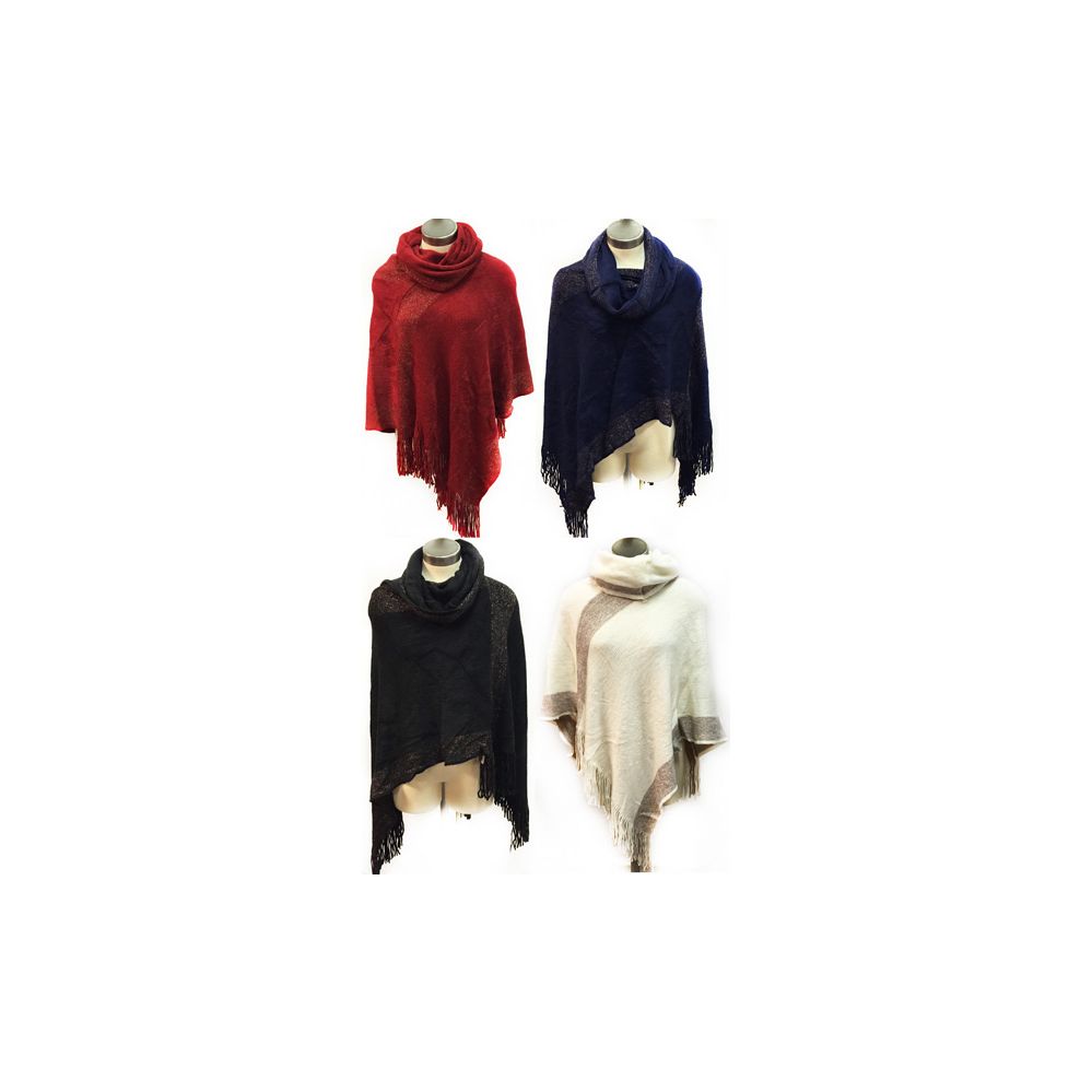 12 Wholesale Knit Poncho Shawl Golden Section Turtle Neck Assorted