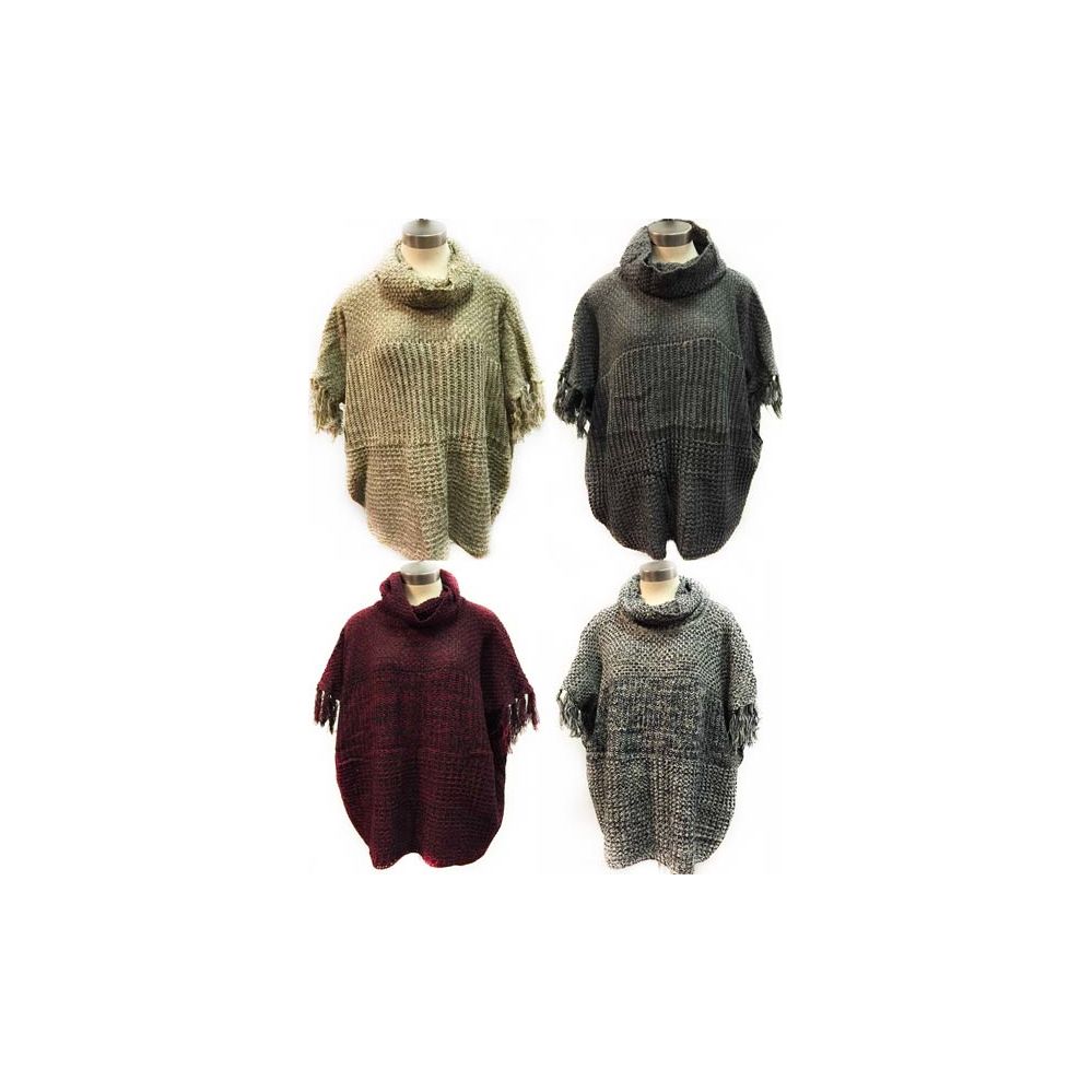 12 Bulk Knitted Poncho Solid Color With Fringe Sleeves
