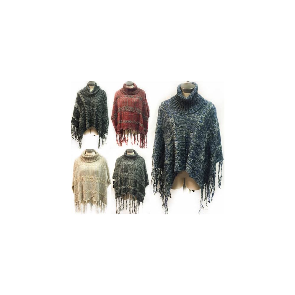 12 Wholesale Knitted Poncho Sweater Turtle Neck Fringes