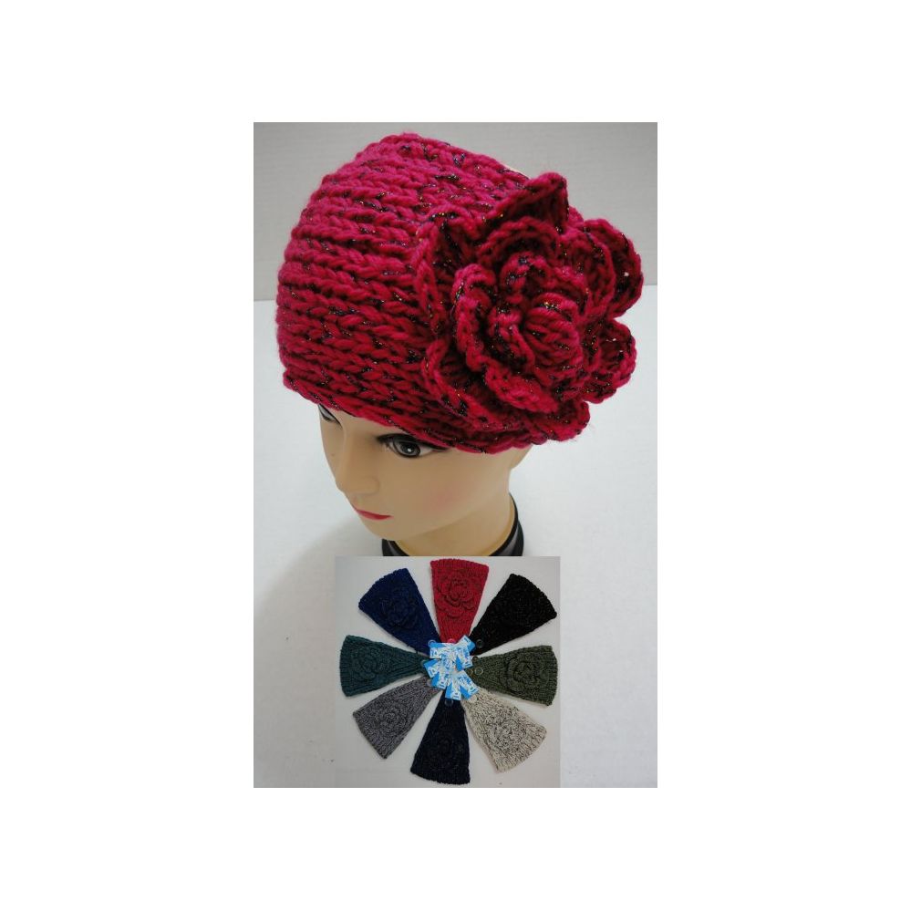 48 Wholesale Wider Hand Knitted Ear Band W/flower [metallic Accent]