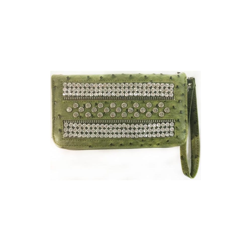8 Pieces of Ostrich Skin Style Rhinestone Wallet Green Color