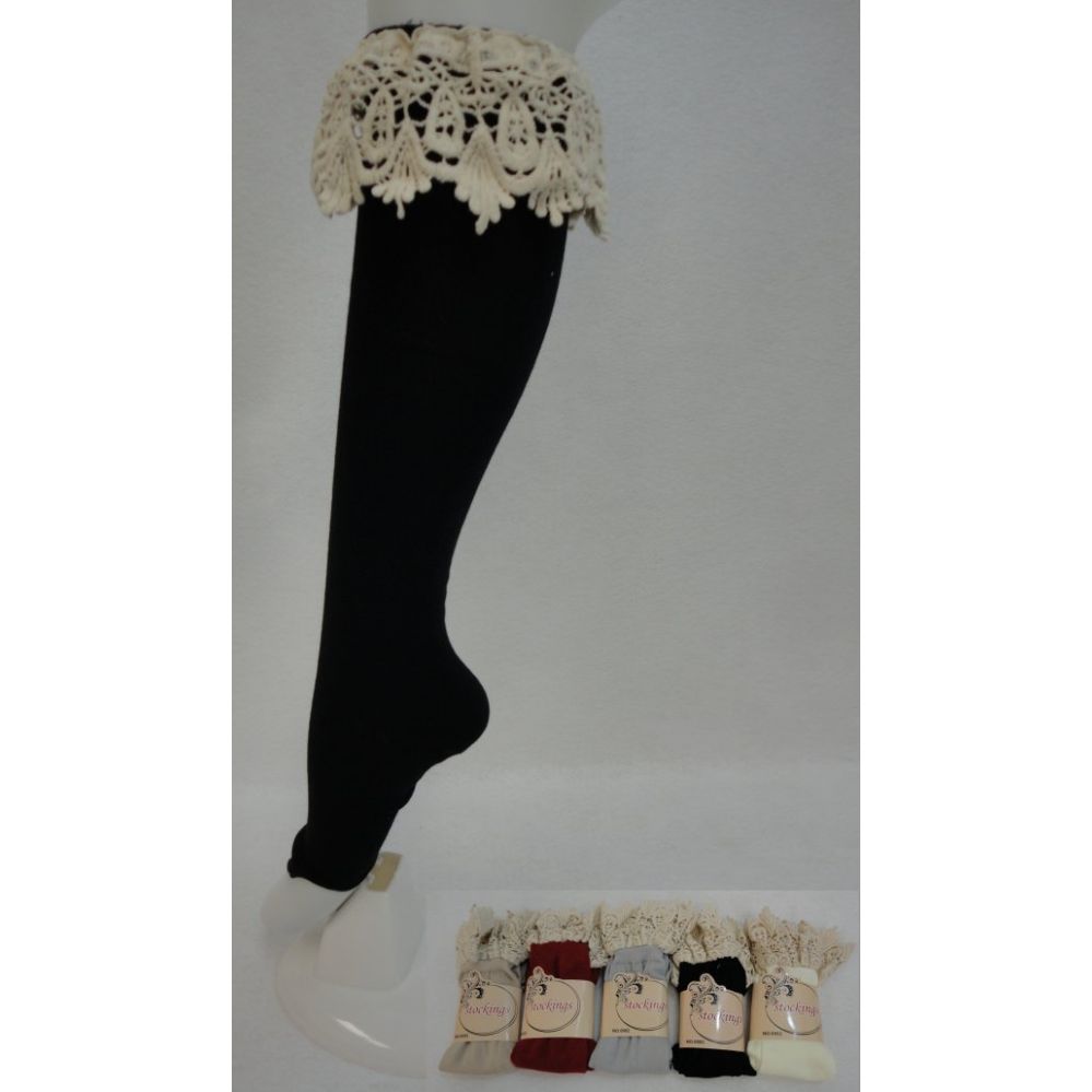 48 Pairs of KneE-High Boot Sock With Wide Lace Assorted Colors.