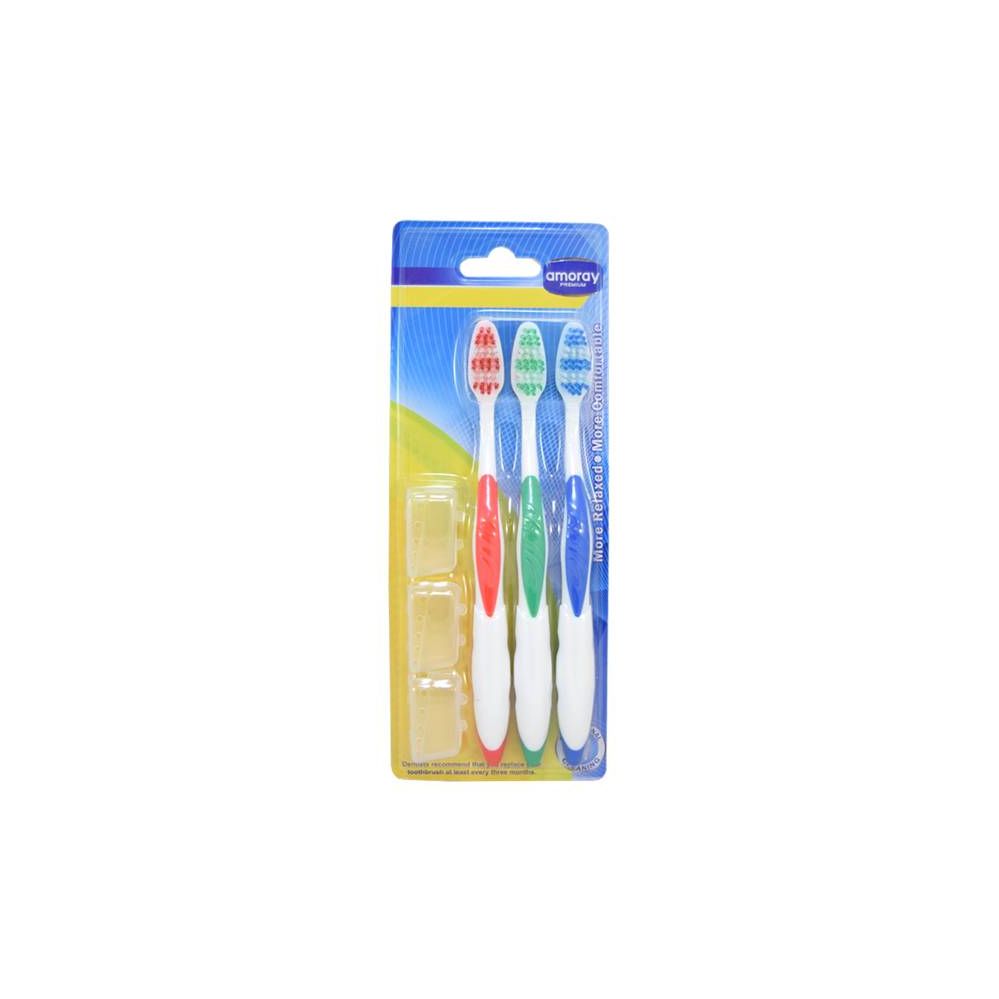 48 Wholesale Amoray Toothbrush 3pk With 3 Caps