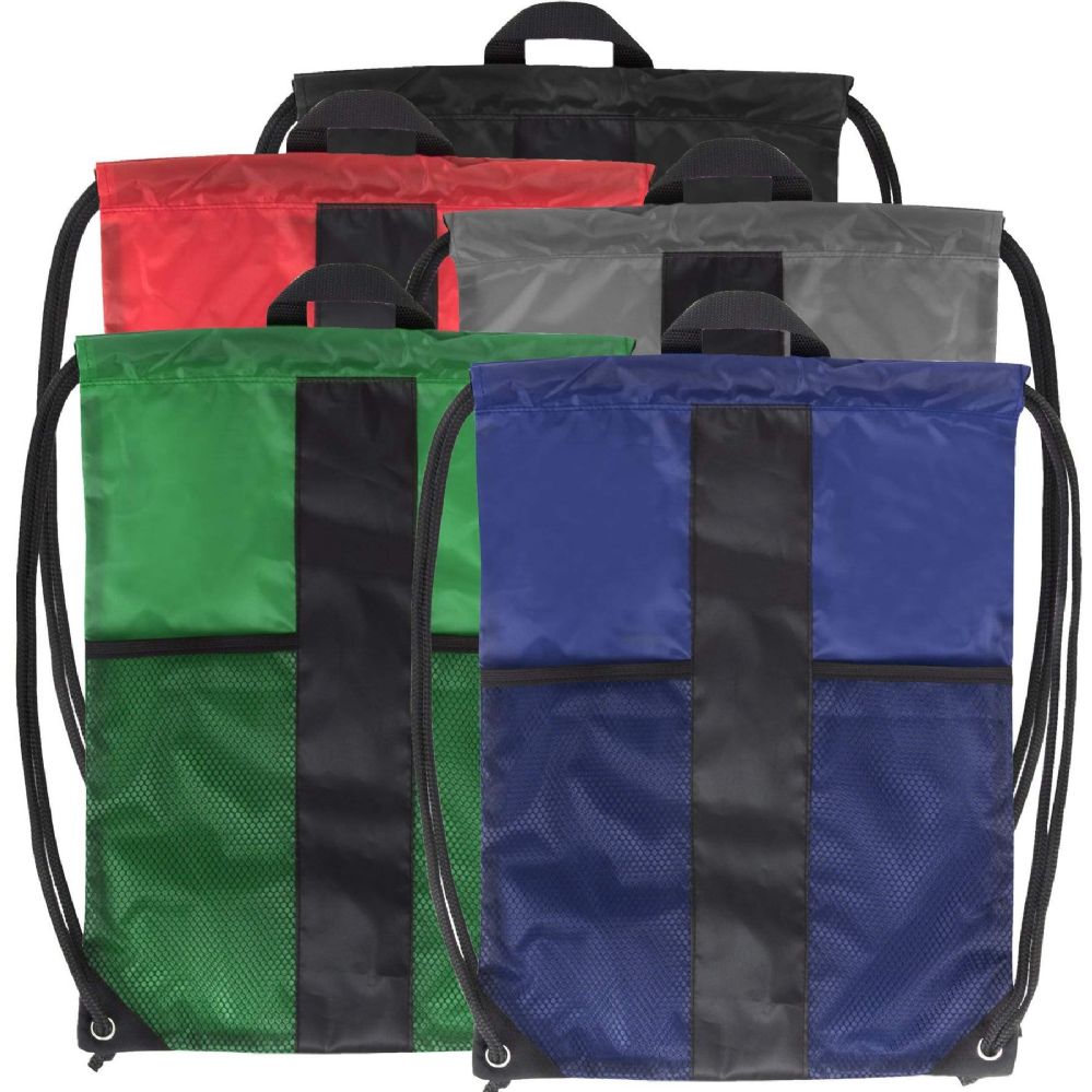 100 Wholesale Dual Mesh Pocket Drawstring Backpack - 5 Color Assortment
