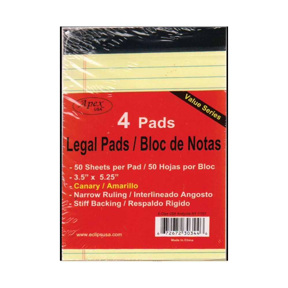72 Wholesale Legal Pads, 3.5"x5.25", 50 Sheets Each, 4 Pk., Canary at
